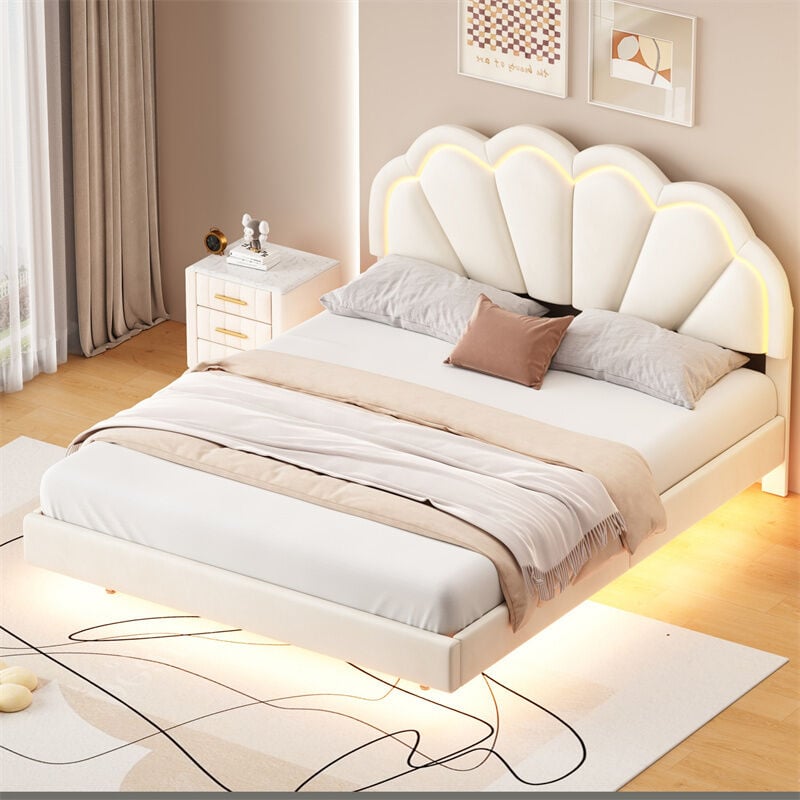 Lit double 140x200cm - Lit led en velours avec sommier à lattes et tête de lit couronne - Matelas non inclus - Blanc