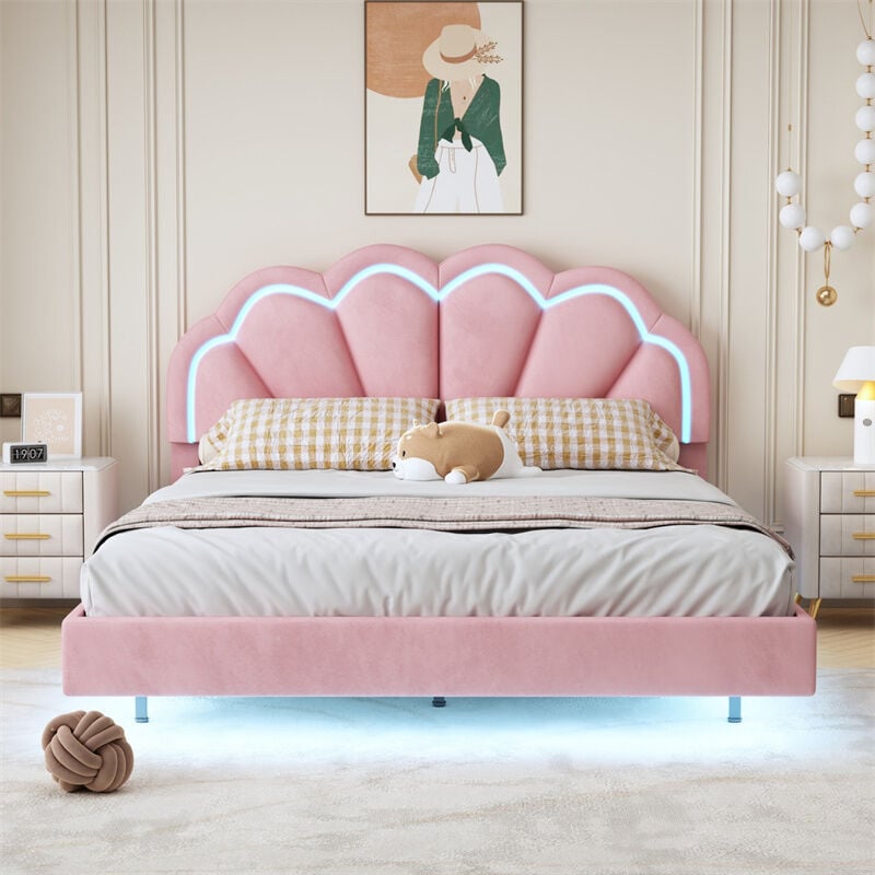 Fortuna Lai - Lit double 140x200cm - Lit led en velours avec sommier à lattes et tête de lit couronne - Matelas non inclus - Rose