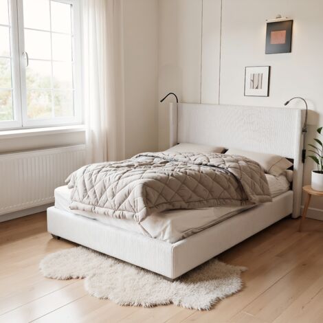 Lit  double 140x200cm en velours côtelé blanc, lit adulte avec coffre de rangement, lit rembourré avec lampe de lecture et USB, 2 personnes, Sommier à lattes Sans matelas
