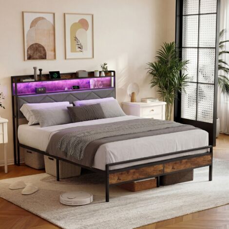 Lit double 140x200cm, lit 2 places, LED réglable, Chargement USB, Structure Métal, Sommier Inclus, Chambre moderne, lin