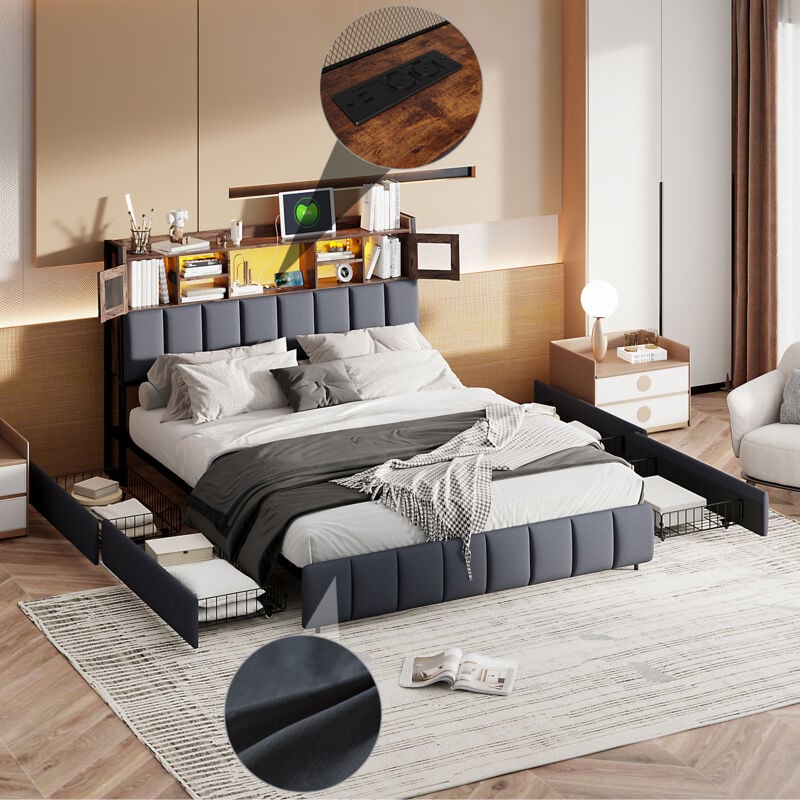 Lit double 140x200cm - lit adulte avec 4 tiroirs, sommier à lattes et tête de lit led avec étagères et port charge - en lin noir