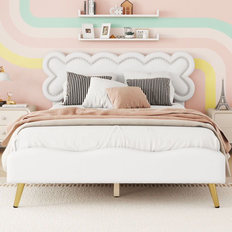 Fortuna Lai - Lit double 140x200cm - Lit adulte avec sommier à lattes et tête de lit - en cuir pu - Blanc