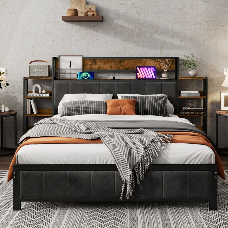 Fortuna Lai - Lit double 140x200cm - lit adulte avec sommier et tête de lit avec étagère, 3 ports usb - métal + mdf + velours, noir + noyer