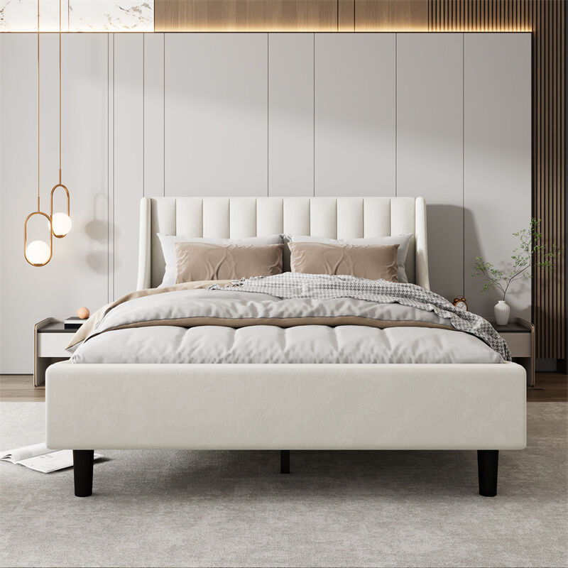 Fortuna Lai - Lit double 140x200cm - lit adulte capitonné avec sommier à lattes - style minimaliste - en tissu velours beige