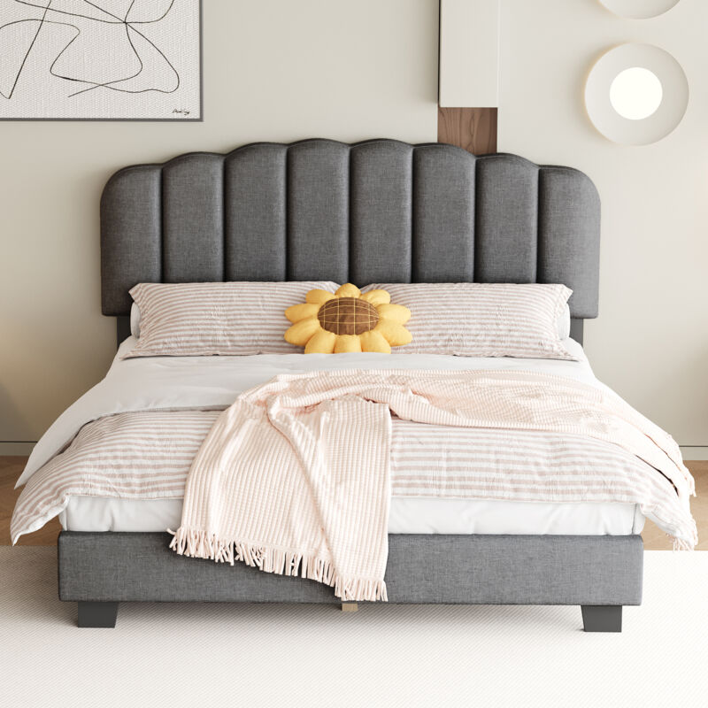 Fortuna Lai - Lit double 140x200cm - lit adulte plat avec sommier à lattes et tête de lit réglable - style minimaliste - lin gris