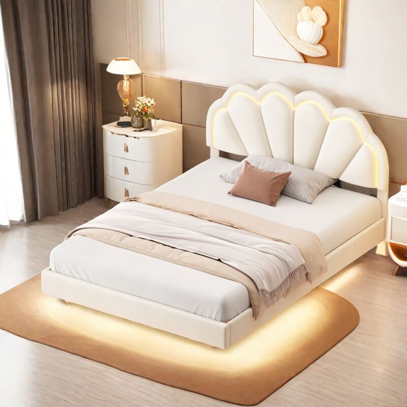 Lit double 140x200cm, lit enfant avec tête de lit en forme de nuage et éclairage led, Lit Flottant, Lit capitonné, sommier à lattes, velours, Beige