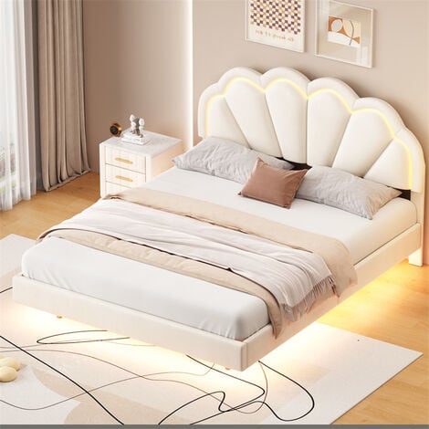 FORTUNA LAI Lit double 140x200cm - Lit LED en velours avec sommier à lattes et tête de lit couronne - Matelas non inclus - Blanc