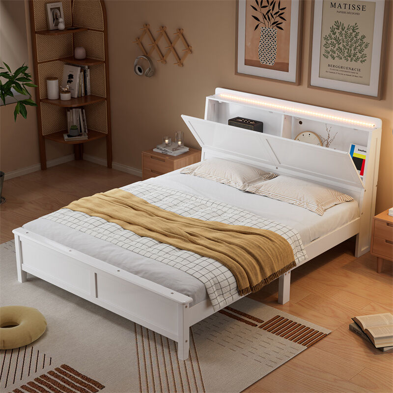 Fortuna Lai - Lit double 140x200cm - lit plat avec led chaud, sommier à lattes et tête de lit avec porte abattante - Pin+MDF - Blanc