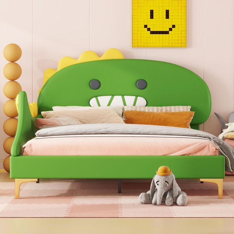 Lit enfant capitonné 140x200 cm, tissu similicuir, avec Tête de lit forme de dinosaure de dessin animé, sommier à lattes, adolescents, adultes - Vert