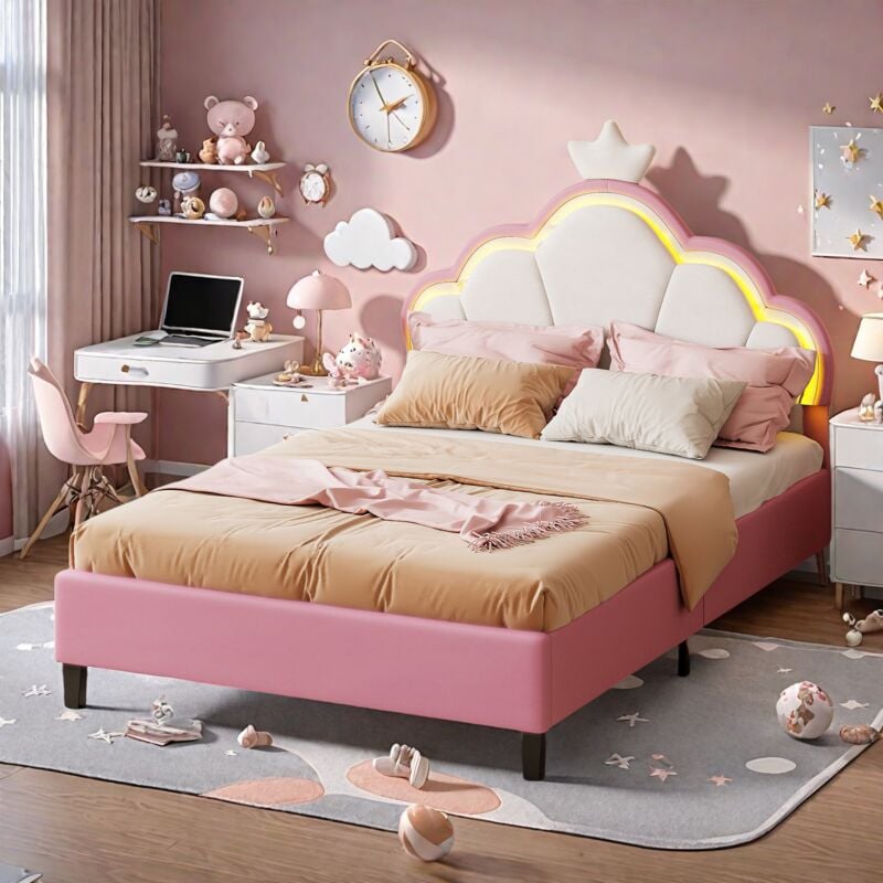 Tanant - Lit adulte 140x200cm, sommier à lattes, lit princesse avec éclairage led, tête de lit nuage, lit capitonné, lit double, simili cuir - Rose