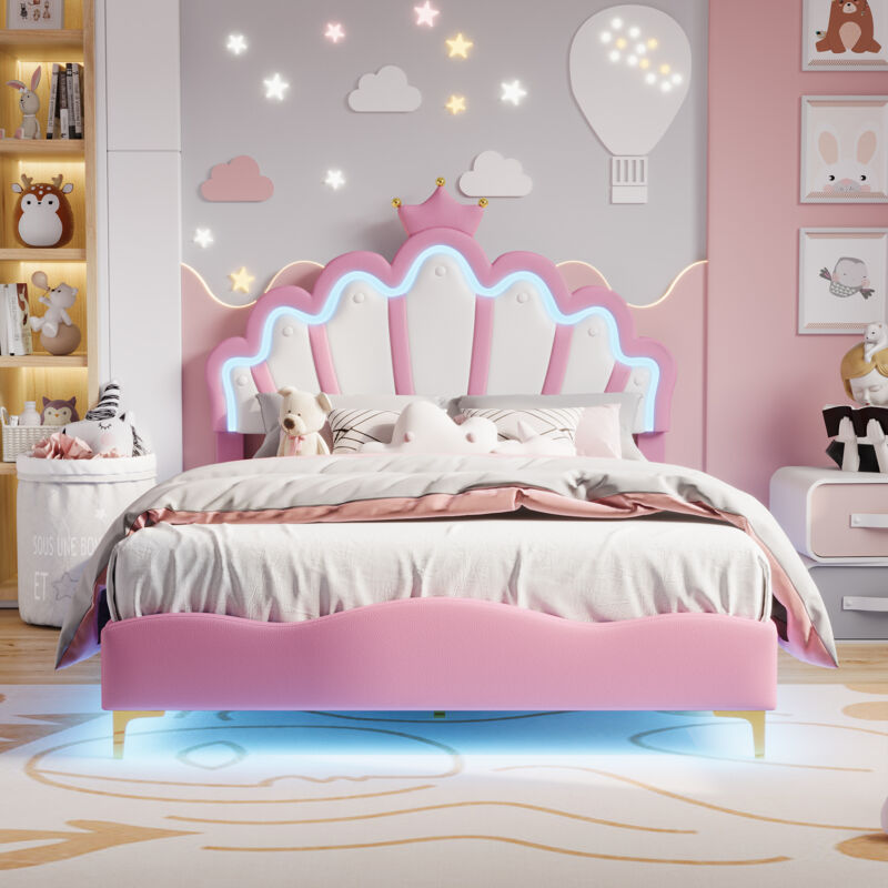Lit double 140x200cm, Lit princesse en forme de couronne, Lit enfant 140x200cm avec sommier à lattes et éclairage LED, PU, Rose, sans Matelas