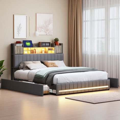 Lit Double 140x200cm, Lit Rembourré 140x200 avec LED et USB, Tete de Lit avec Rangement, Lit 2 Places avec 4 Tiroirs Coulissants, Lit pour Adulte avec Sommier à Lattes, Lin, Gris