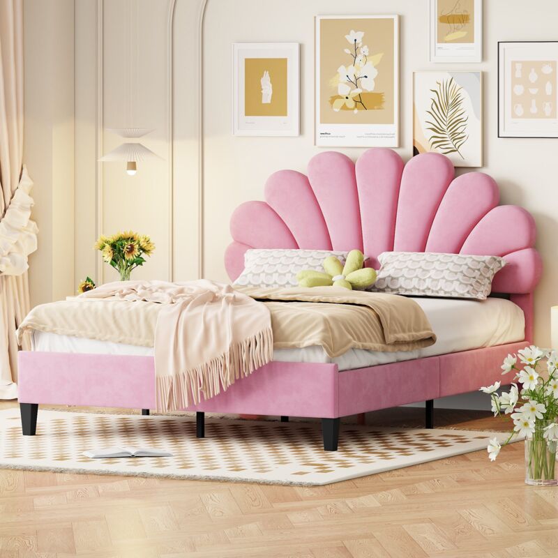 Dans Les Nuages - Lit double 140x200 cm, tissu velours, avec sommier à latte, tête de lit en forme de fleur, lit adulte style scandinave - Rose