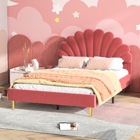 Lit double 140x200cm – tête de lit design pétale de fleur – Pieds métal doré – Sommier à lattes – style moderne – velours rouge