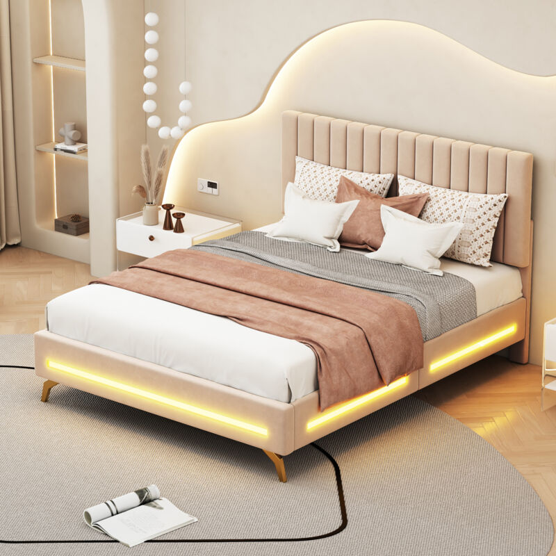 Modfu - Lit double 140x200cm, velours, lit adulte avec led, tête de lit réglable en hauteur, sans matelas, beige