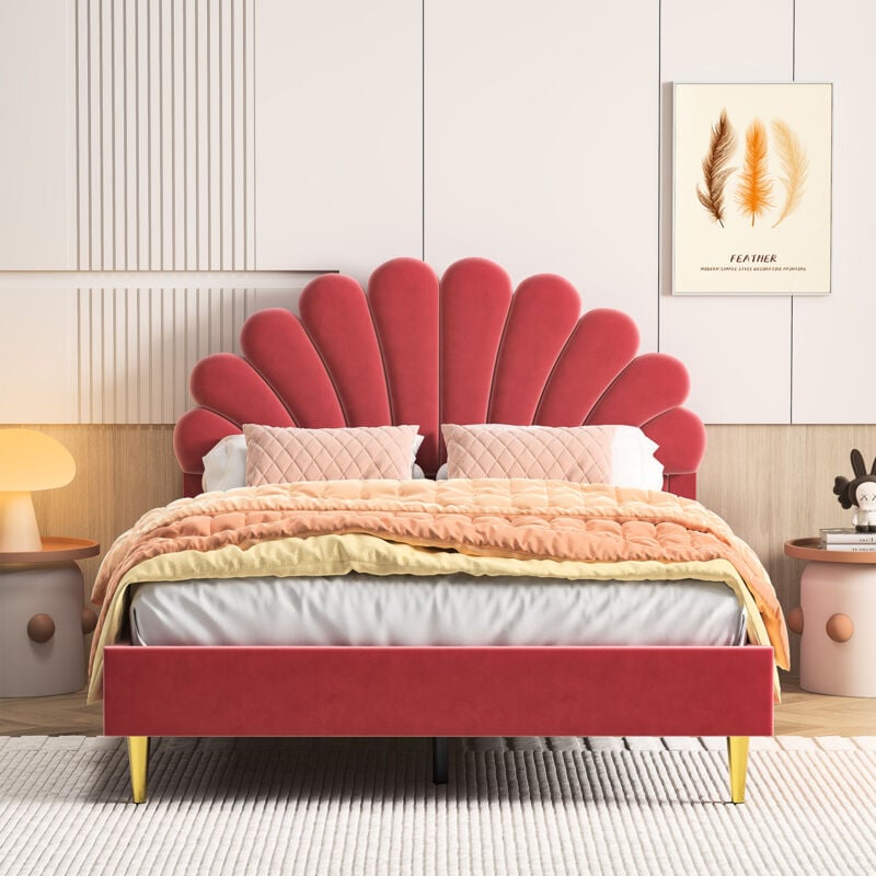 Lit double 140x200,lit ado capitonné, tête de lit pétale,sommier à lattes, velours, rouge