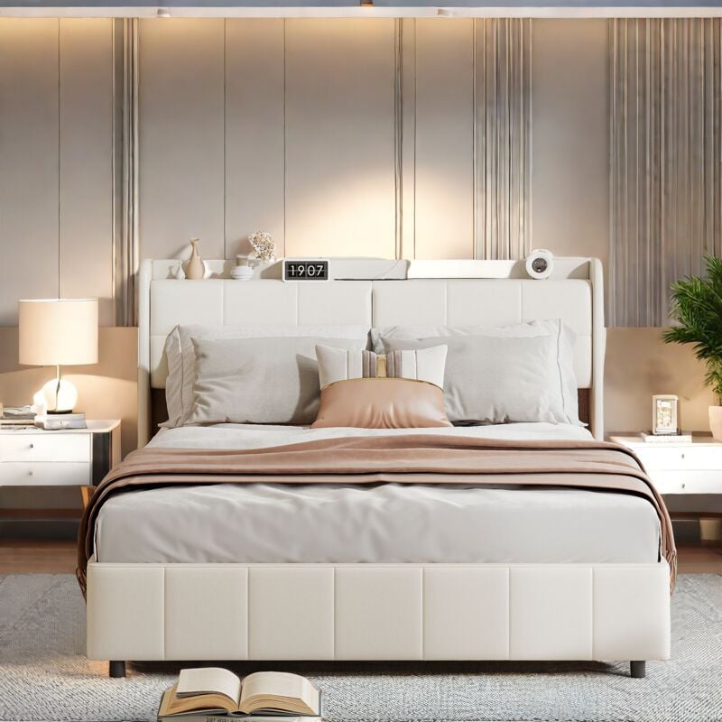 Sureh - lit double 160 x 200 avec 4 tiroir, lit capitonné 160x200 cm, lit 2 places avec tiroir lit, lit rembourré avec chargement usb, pu, Blanc