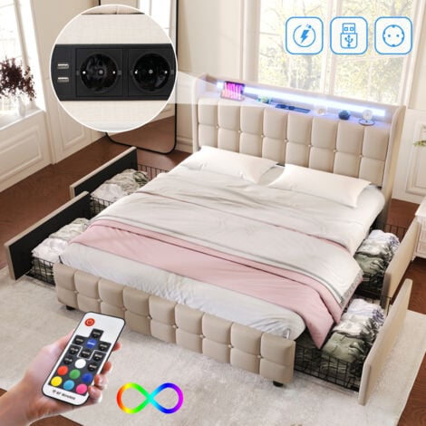 lit double 160 x 200 avec 4 tiroirs,Lit rembourré avec fonction de chargement USB,lit adulte avec LED,sommier à lattes en bois,beige(sans matelas) --SUNFECILI