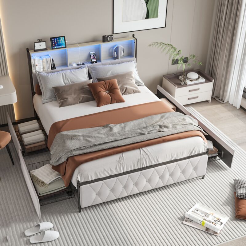 Lit 160x200 avec tiroirs,lit double 160x200,lit adulte capitonné,port de usb et type-c,réglette LED,velours,beige