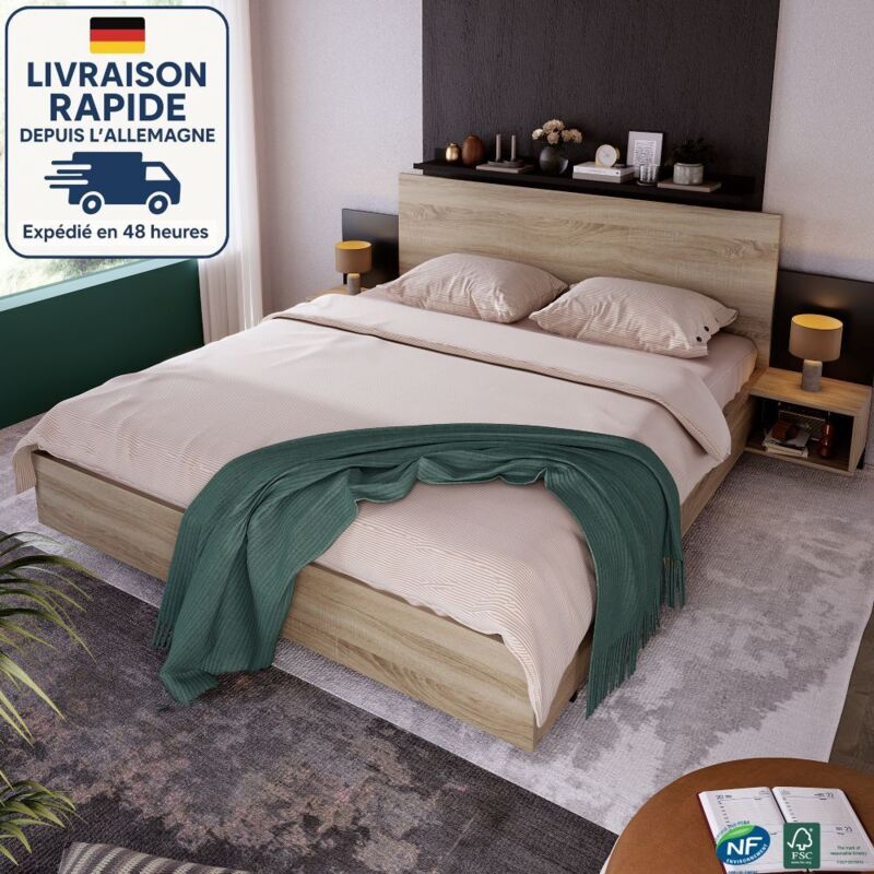Lit double 160 x 200 cm avec 2 tables de chevet intégrées, style chêne Sonoma & gris foncé — cadre bois, sommier à lattes, 205,5 x 235 x 76,5 cm