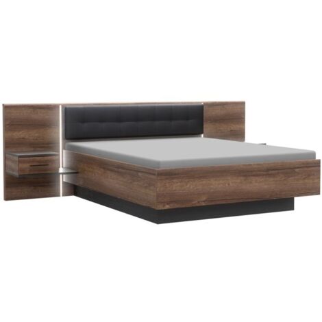 Lit double 160 x 200 cm décor chêne foncé et noir avec éclairage LED – Tête de lit rembourrée – Pour matelas jusqu'à 27 cm d'épaisseur – Meubletmoi