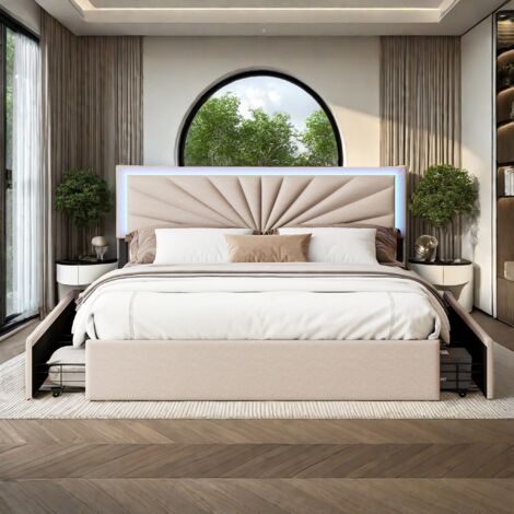 Lit double 160 x 200 cm avec LED et 4 tiroirs, lit capitonné avec tête de lit réglable, sommier à lattes, tissu en lin, beige