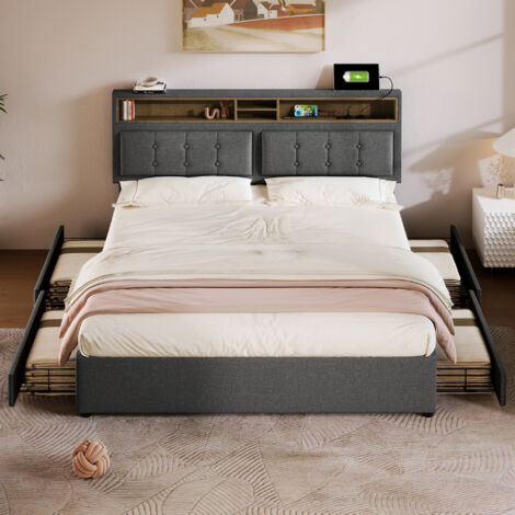 Lit double 160 x 200 cm, avec quatre tiroirs et une prise USB-C, tête de lit réglable en hauteur, gris (matelas non inclus)
