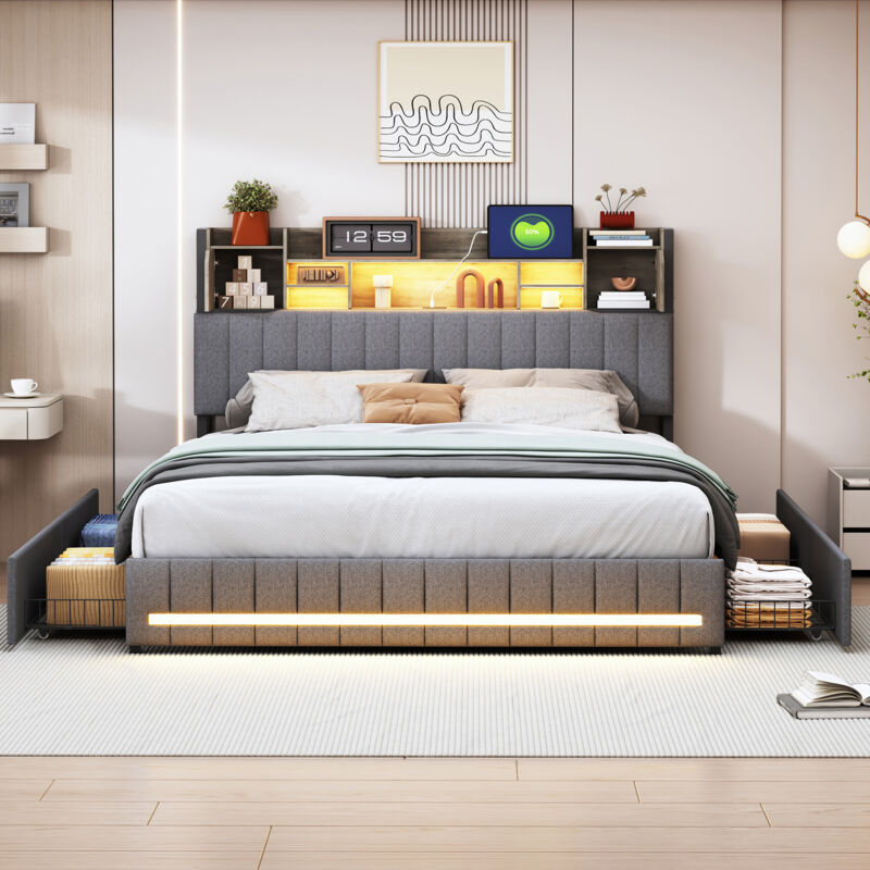Lit Double 140 x 200 cm avec Rangement,Lit Coffre 140x200 avec Led et USB Lit Capitonné avec Tiroir Cadre de Lit avec Rangement Lit Rembourré avec