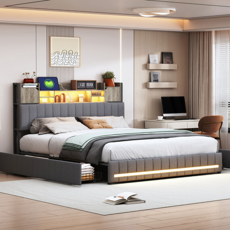 Lit Double 160 x 200 cm avec Rangement,Lit Coffre 160x200 avec Led et USB Lit Capitonné avec Tiroir Cadre de Lit avec Rangement Lit Rembourré avec