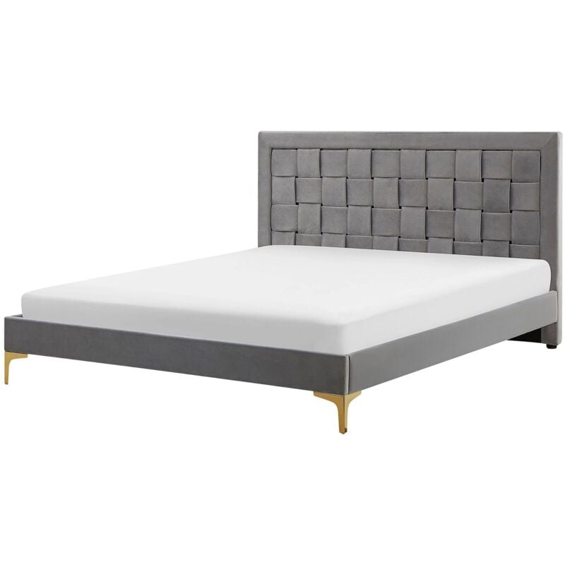 Beliani - Lit Double 140 x 200 cm Tapissé en Velours Gris avec Haute Tête de Lit Décorative et Sommier à Lattes Ensemble Idéal pour Chambre Moderne