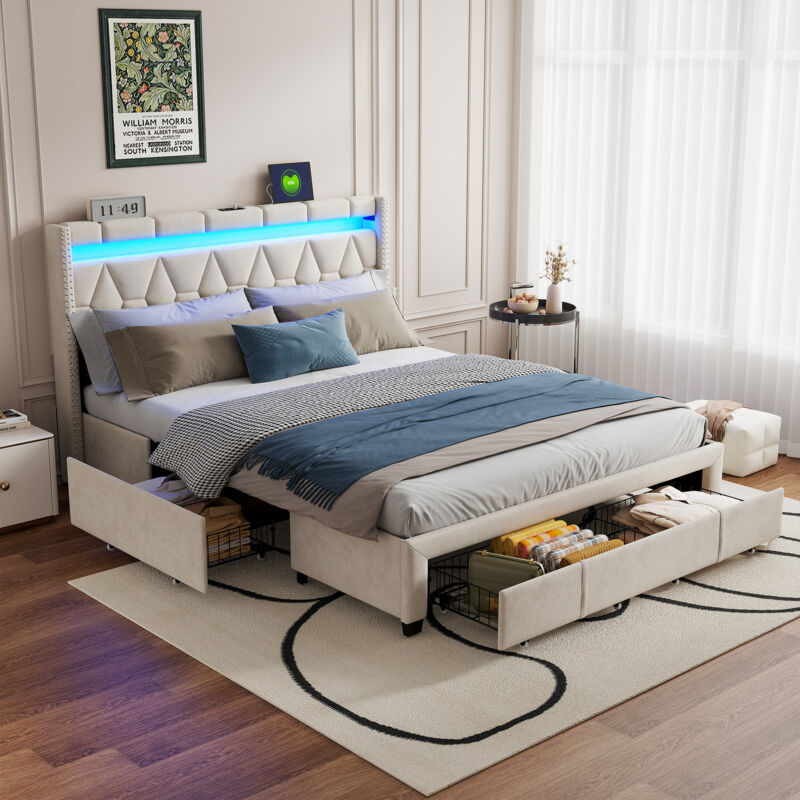 Lit double 160 x 200 cm chargement USB Type‑C tiroirs rangement linge de lit