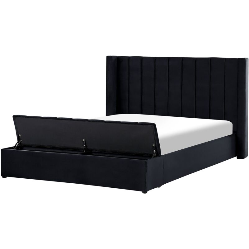 Beliani - Lit Double en Velours avec Tête Rayée Haute et Rangement 180 x 200 cm Noir Noyers