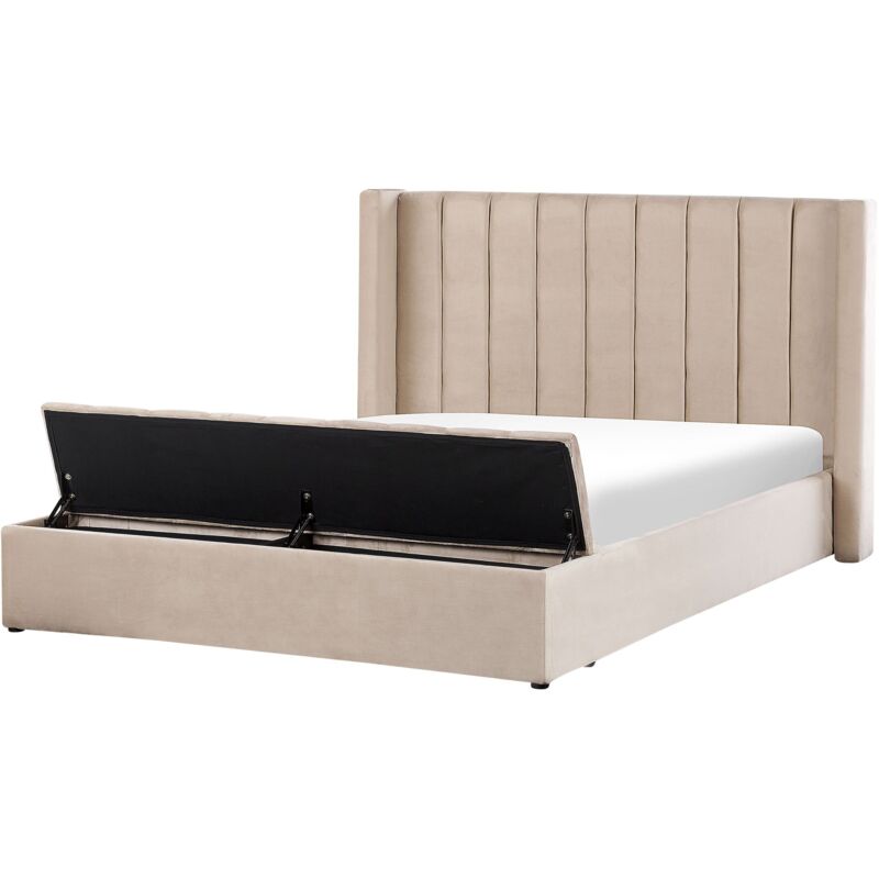 Beliani - Lit Double en Velours avec Tête Rayée Haute et Rangement 180 x 200 cm Beige Noyers