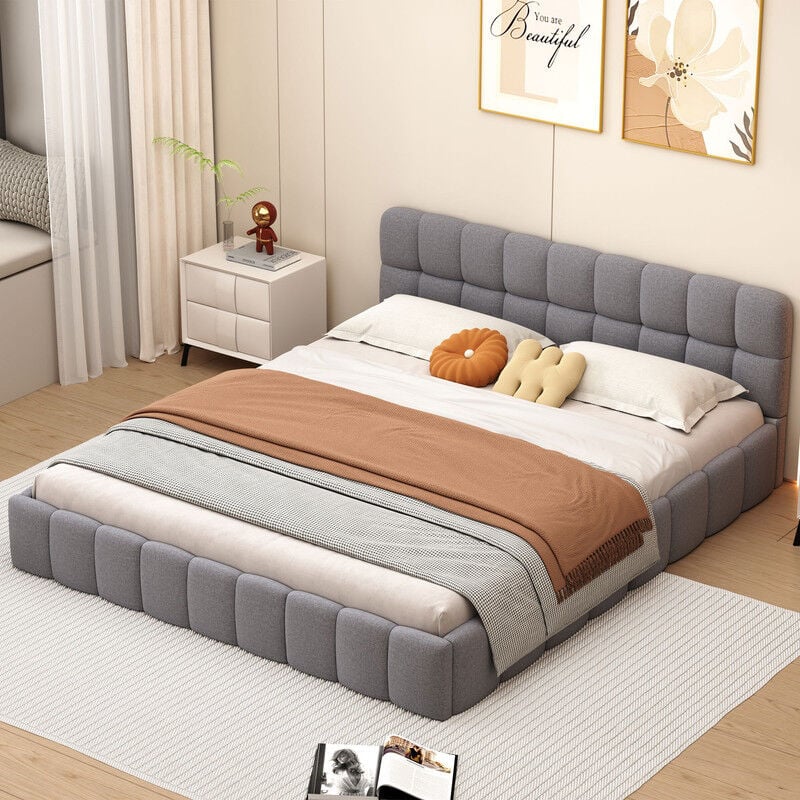 Lit double 160 x 200 cm, lit adulte avec bordure rembourrée, lit capitonné avec sommier à lattes, lit plat, convient aux adultes et adolescents,