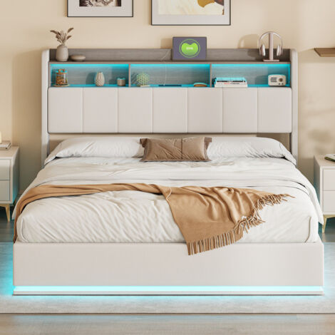Lit double, 160 x 200 cm, lit tapissé en velours avec éclairage LED et tête de lit de rangement, lit hydraulique avec rangement sous le lit, cadre à lattes en bois