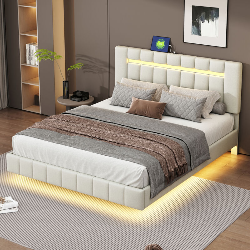 lit double 160x200,lit adulte avec tête de lit,cadre de lit flottant capitonné,avec lumières LED et USB,lin,beige