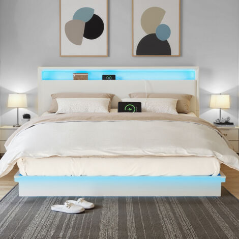 Lit Double, 160,1 x 200,1 cm, Effet Flottant, avec Éclairage LED, Tête de Lit Haute, Multiprise, Style Moderne, Blanc