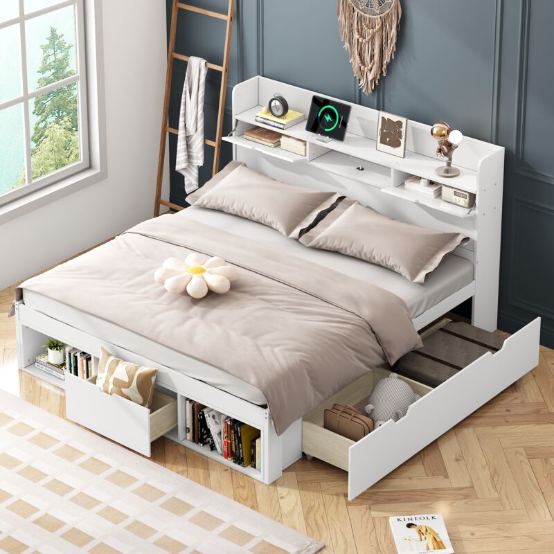 Lit double 160x200 cm lit enfant et ados avec port USB, tiroirs, armoire de rangement et grand espace de rangement, en pin, blanc, sans matelas
