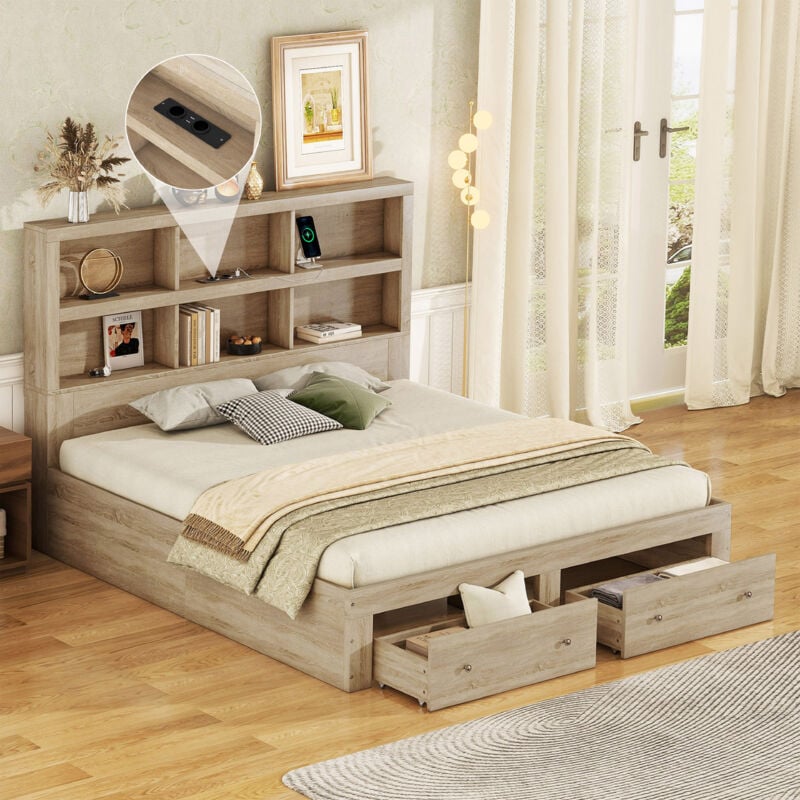 Okwish - Lit double 160x200 cm lit adulte lit plat avec 2 tiroirs, tête de lit et chargement usb, en bois massif, beige, sans matelas