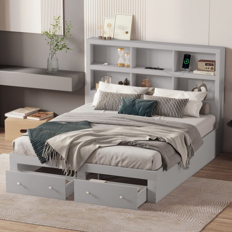 Redom - Lit double 160x200 cm, bois, lit plateforme avec deux tiroirs au pied du lit, tête de lit avec rangements, gris