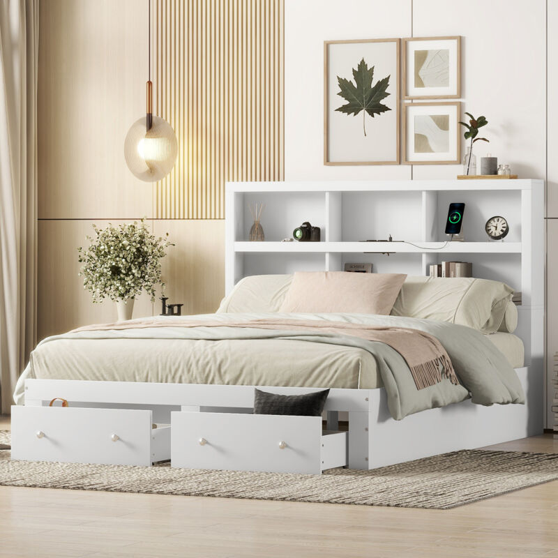 Redom - Lit double 160x200 cm, bois, lit plateforme avec deux tiroirs au pied du lit, tête de lit avec rangements, blanc