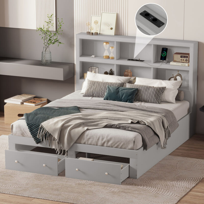 Lit double 160x200 cm lit adulte lit plat avec 2 tiroirs, tête de lit et chargement USB, en bois massif, gris, sans matelas