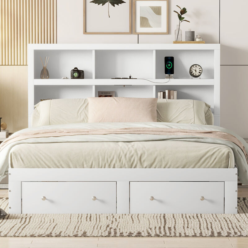 Okwish - Lit double 160x200 cm lit adulte lit plat avec 2 tiroirs, tête de lit et chargement usb, en bois massif, blanc, sans matelas