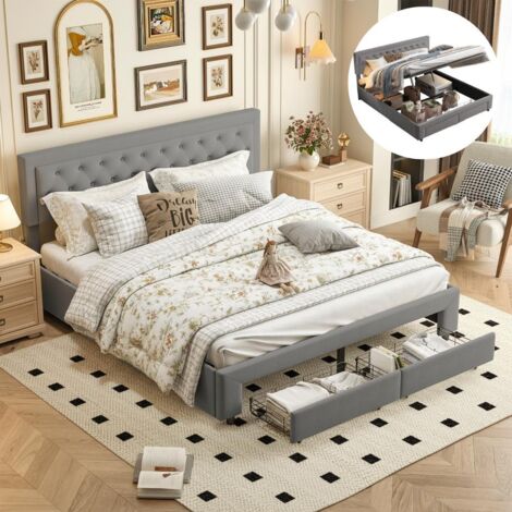Lit double 160x200 avce 2 tiroirs, lit coffre velours – sommier lattes, rangement – Tête de lit losanges, Gris