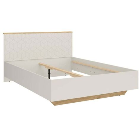 Lit double 160x200 avec 2 chevets à LED+USB  , coloris Chêne mauvella/Beige - Longueur 310,5 x Profondeur 167 x Hauteur 110/42,5 cm