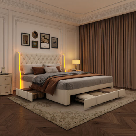 Lit double 160x200 avec 3 tiroirs, Lit rembourré avec éclairage LED et port USB, Tête de lit capitonnée, Sommier à lattes, Velours, Beige