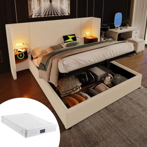 Lit double 160x200 avec table de chevet, charge USB-C et rangement - Velours côtelé - Sommier bois et métal, beige-blanc (avec matelas)