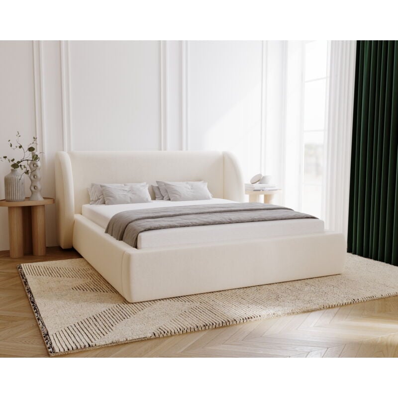 Lit double 160x200 Barcelona, Lit capitonné 160 x 200, Rangement, tête de lit arrondie - lit Crème (Komodo 10)