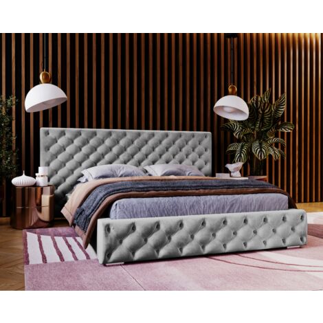 Lit double 160x200 Bella - Lit Chesterfield, lit glamour - sommier à lattes & coffre de lit - Gris (Magic Velvet 2217)