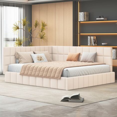Lit double 160x200 canapé-lit velours beige, sommier lattes bois, multifonction confortable pour chambre ou salon (sans Matelas)